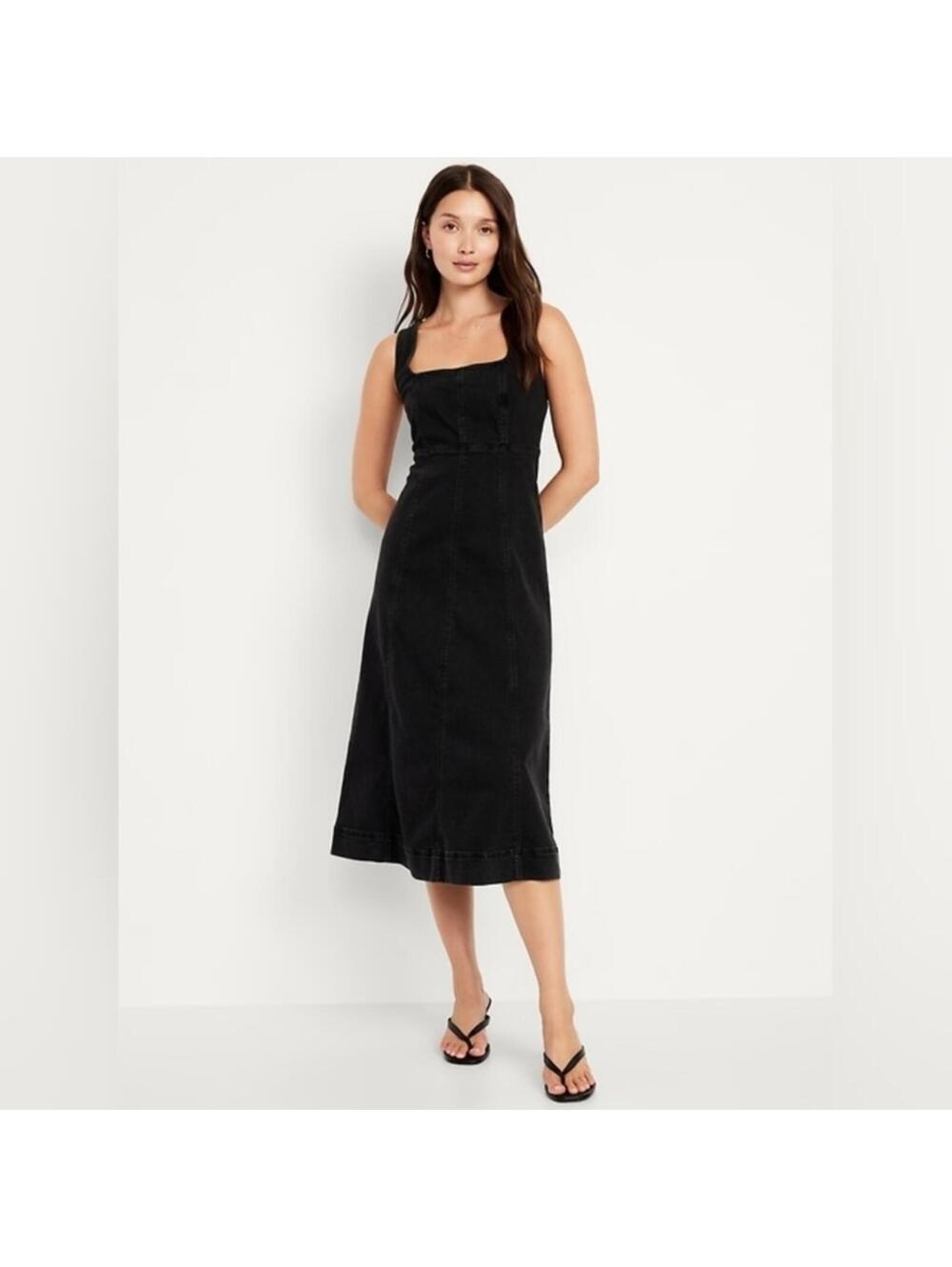 NWT Old Navy Fit & Flare Sleeveless Denim Midi Dress Black MEDIUM
